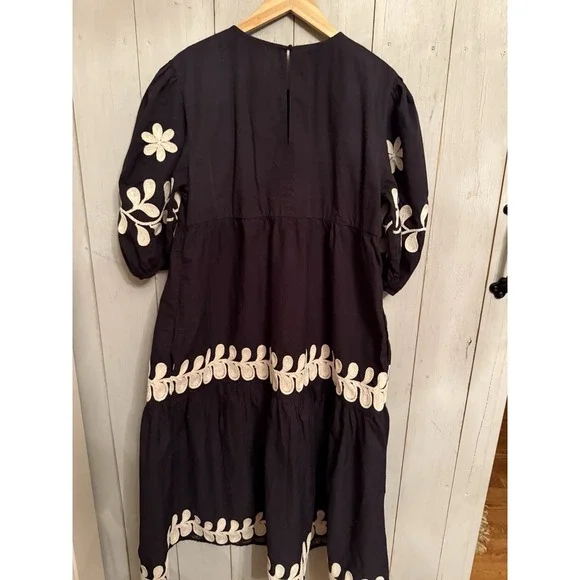 Anthropologie Embroidered Puff Sleeve Dress Floral Cotton Black Ivory XL Worn 1X - Picture 6 of 11